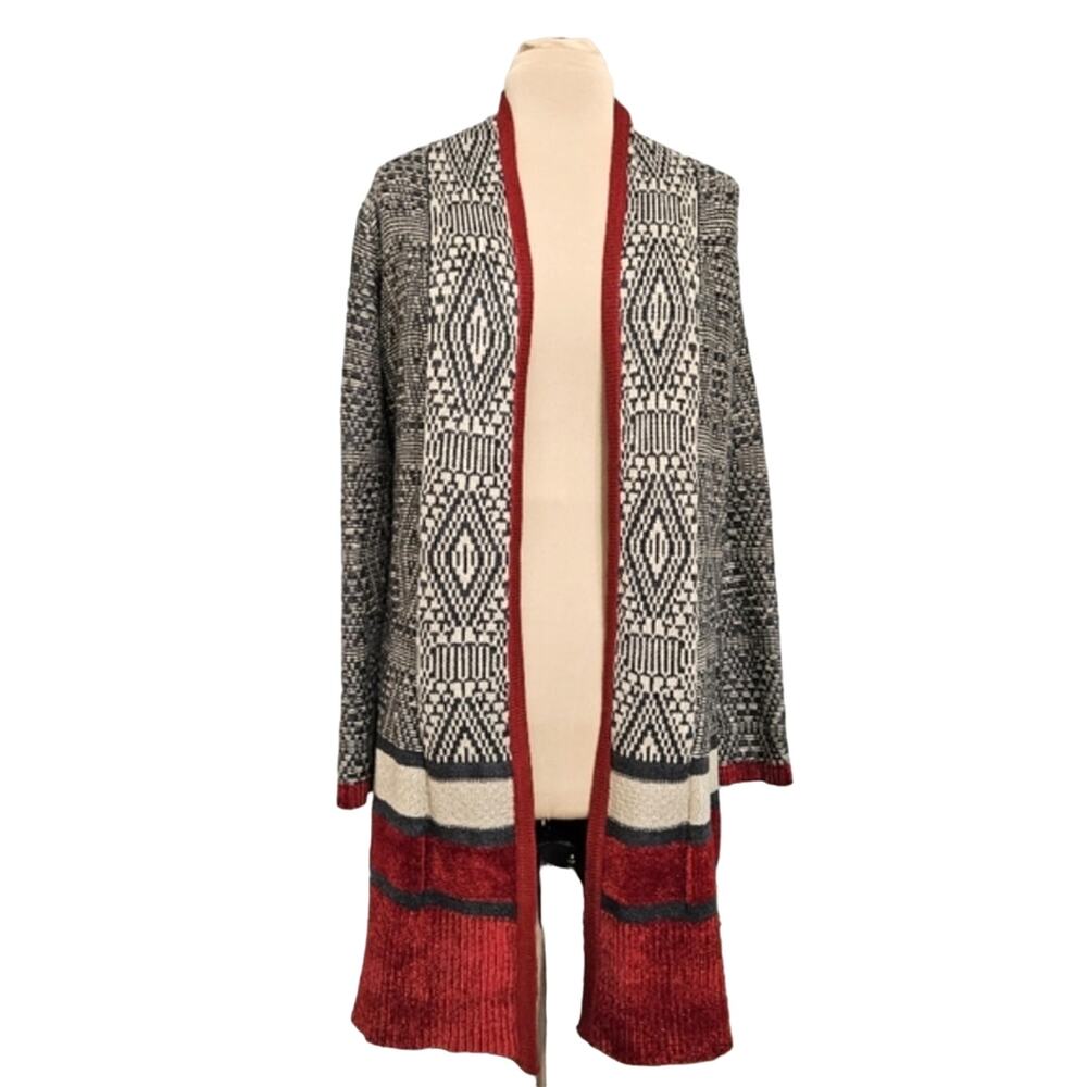 Tribekka 44 Sweater Gray White with Red Crushed Velvet Knit Cardi Size Small